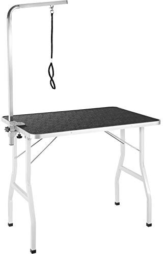 tectake® Haustier Trimmtisch, Frisiertisch Hund und Katze, Pflegetisch, Hundefriseur Zubehör, Dog Grooming, mit Galgen, Groomer Tisch klappbar, Schertisch Hund gummiert und Kratzfest - schwarz/weiß