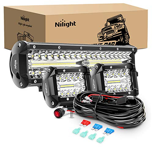 Nilight LED Light Bar Set, 12 Inch 300W Triple Row Spot Flood Combo Work Driving Lamp, 2 Pcs 4 inch 60 W with Wiring Harness for Off road ATV Boat Lighting, Year Warranty