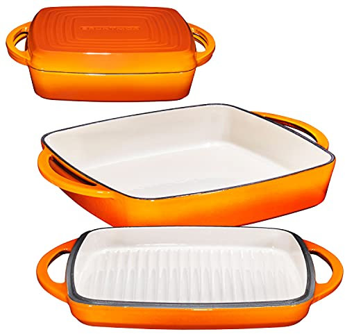 Bruntmor 2-in-1 Square Pumpkin Spice Cast Iron Dutch Oven With Handles, Enamel All-in-One Cookware Set, Braising Pan For Casserole Dish, Crock Pot Covered Cast Iron Skillet