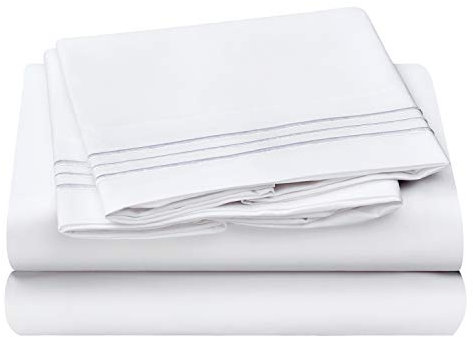 HOMEIDEAS 4 Piece 3-Line Embossed Bed Sheets Set Extra Soft Brushed Microfiber 1800 Bedding Sheets Deep Pocket, Wrinkle & Fade Free (Super King, White)