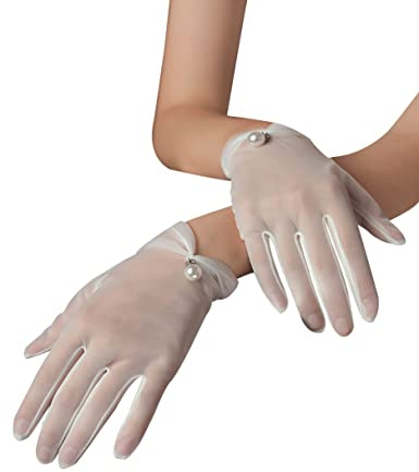 QRBTSCL Women's Short Gloves for Wedding Wrist Short Evening Party Dressy Bridal Tulle Gloves with Pearl Ivory