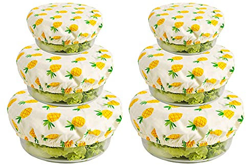 BELUAPI Set of 6 Dust Stretch Bowl Covers, Reusable Cotton Dish Plate Lids, Durable Food Storage Covers for Party and Outdoor (No Bowls), Yellow-green Pineapple, 10.2 inch+9 inch+7.2 inch