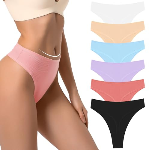 Umiehary Women's High Waisted Cotton&Nylon Stretchy Sport Panties High Cut Breathable Underwear(Regular & Plus Size), 6 Pieces Thongs, M