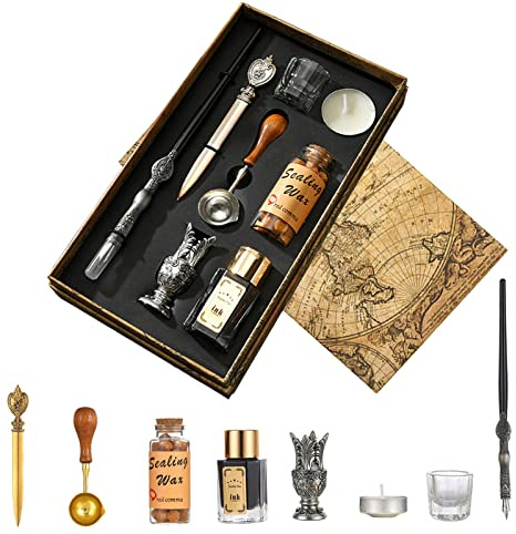 JasCherry Set di Penna a Immersione e Inchiostro, Penna Piuma Inchiostro Vintage con set Sigillo di Cera, Penne per Calligrafia per gli amanti della scrittura a mano compleanno Natale San Valentino