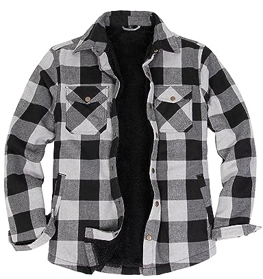Giacca da uomo in flanella con fodera in pile Sherpa, giacca in flanella spazzolata a maniche lunghe, con bottone a pressione, S