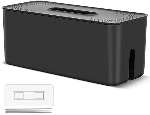 BEZORR Wall Mounted cable management box, Cable Tidy Box,Larger Cable Organizer with Lid, for Storage Organising Management Desk TV Computer USB Hub Strips Cords Black