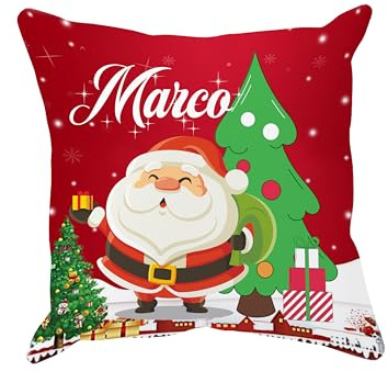 Puzzletee Cuscino Personalizzato con Babbo Natale e Nome – Stile Natalizio con Albero di Natale, Decorazione Morbida per Casa e Regalo Festivo