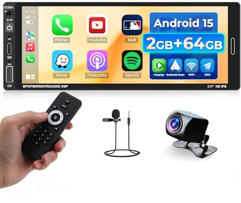 2+64G Bilradio 1 Din Android 13 med trådlös CarPlay Android Auto 6.9 Bluetooth Auto Stereo, Spegellänk Bluetooth 5.0 WiFi GPS FM/RDS-radio USB/AUX/TF Rattstyrning Bakkamera