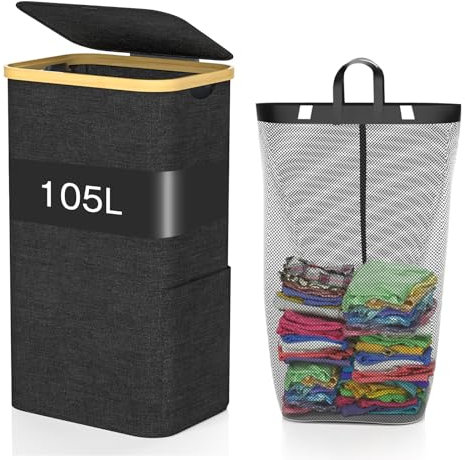 GLOWPOINT 105L Panier à linge avec couvercle, grand paniere a linge sale avec sac intérieur amovible, Oxford résistant à l'eau, bac à linge pour la chambre, la salle de bain, la buanderie, noir