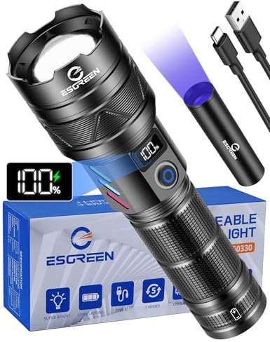 ESGREEN LED Taschenlampe Extrem Hell 1000000 Lumens Lange Reichweite, USB C Aufladbar Taktische Starke taktische Flashlight mit Hohe Kapazität Akku Zoombar 5-Modi Groß Torch Light für Camping Security