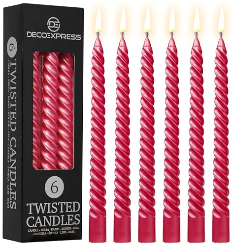 DECO EXPRESS Middagsljus paket med 3 eller 6 vridna droppfria färgade spiralljus långvariga 6 timmar bränna doftfria (metallisk röd, 6-pack)