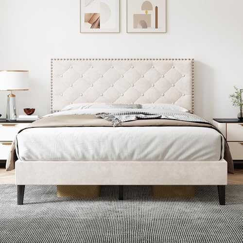 Merax Upholstered Double Bed, 4FT6 Bed Frame with Adjustable Button-Tufted & Riveted Headboard and Wooden Slatted Frame, Mute Foam, No Box Spring Needed, Easy Assembly, Velvet, Beige, 135x190cm