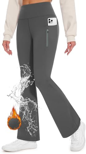 Desol Pantalon de randonnée doublé en polaire pour femme, pantalon d'hiver évasé taille haute en polaire, pantalon de neige imperméable et thermique avec poches à fermeture éclair, gris, Taille M