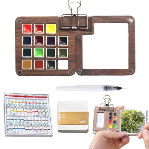 Nano-Palette Aquarell, Pocketartist Aquarell-Reiseset, Tragbare Palette, Mini-Aquarellfarben-Set Aus Holz For Unterwegs Mit Metallclip, Aquarellstift, Mini-Skizzenbuch, Geschenk For Maler(Wooden 15set