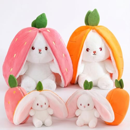 oeeo 2 pièces Jouet en Peluche Lapin Fraise,Peluche Lapin de Pâques,Carottes Fraises Poupée Lapins 18cm À avec Fermeture éclair,cachette Le Jeu Cadeau d'anniversaire pour Les garçons, Les Filles