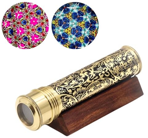 YVCrafts Handgefertigtes Messing-Kaleidoskop für Erwachsene, entdecken Sie endlose Farben mit Lampworking Glasperlen, mit Holzständer und trockener Objektkammer, ein einzigartiges Geschenk für Ehemann