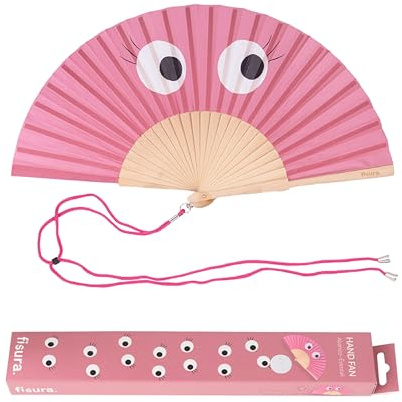 Fisura – Abanico original con estampado de ojos rosas. Abanico de madera moderno y colorido. Ventilador de mano rosa. Colgador incluido. Medidas: 42,5 x 23 cm