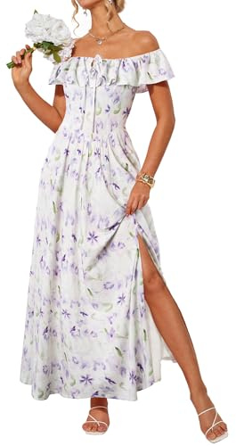 GRACE KARIN Robe Longue Femme Épaules Dénudées Taille Élastique Volants Imprimé Floral Bleu Blanc Été Élégante Chic