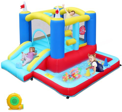 LEADZM Château Gonflable Coloré avec Souffleur, Aire de Jeux Gonflable avec Piscine, Toboggan, Trampoline, Cible, Panier, Extérieure/Intérieure, pour 3 Enfants de 3 à 10 Ans, 275x255x188cm