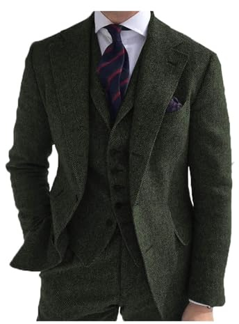 LIUHLFSR herrkostymer herrdräkt formell 3 delar slim fit sjal tweed bal smoking för bröllop brudgum (kavaj+väst + byxor) (mungrön, XL)