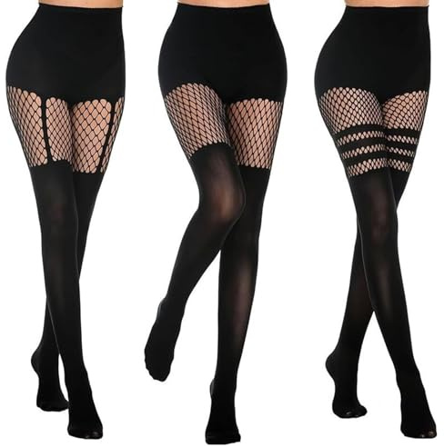 Tniytru Fishnet Tights Womens 3Pcs Set – Suspender Opaque Fishnet Stockings with Mesh Detailing, Thigh High Pantyhose, Stretchy Comfortable Fit, Fashionable Black Legwear Gifts for Ladies