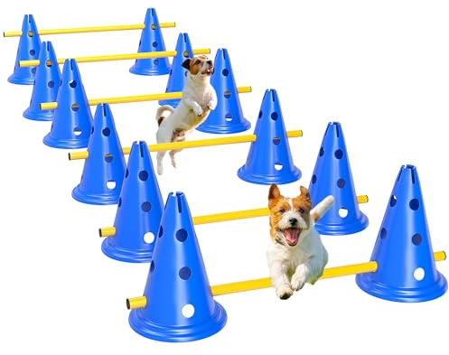 PawHut Set d'équipement d'agilité 6 pièces avec 12 cônes Bleu | 6 haies réglables en hauteur, sac de transport, set d'entraînement, accessoire d'entraînement, pour dressage canin
