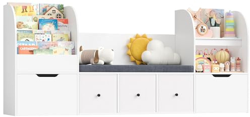FOREHILL Meuble Rangement Enfant 180.5cm Bibliothèque Enfant avec Banc 6 Étagères 5 Tiroirs Rangement Jouet pour Chambre d’Enfants Salle de Jeu 180.5x35x80 cm Blanc