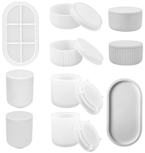 9-delat silikonform-set för epoxiharts och betong gjutformar | för vaser och förvaringsburkar med lock (smidig/randig), inkl. oval bricka, gör-det-själv hantverk hartsformer, vit