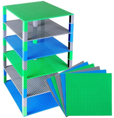 Strictly Briks Classic Baseplates 25x25 cm Brick Tower Compatible with LEGO Blocks, Compatible with LEGO Base Plates | Building Bricks for Towers | 6 Baseplates & 50 Stackers in Blue Green & Gray