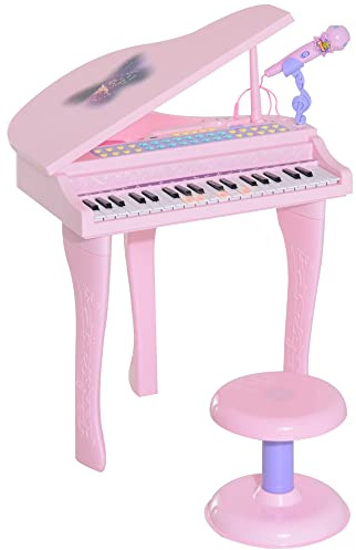 HOMCOM Pianoforte Giocattolo per Bambini , Strumento Musicale Elettrico con 37 Tasti Luminosi, Microfono e Sgabello Inclusi, 48x39x69 cm, Rosa