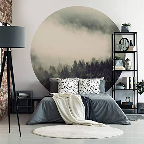 Tapete Fototapete Vlies Vliestapete Rund Nebel im Wald Schlafzimmer Wohnzimmer Wanddeko Tapetenpaneele inkl. Schablone (140x140cm)