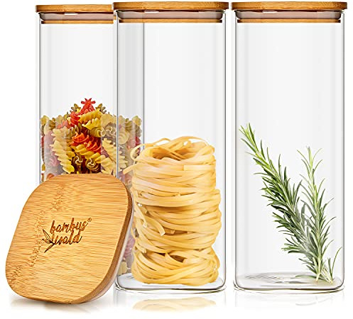 bambuswald© Set di 3 Barattoli in Vetro Borosilicato Rinforzato con Coperchio Ermetico 100% Legno di Bambù, Salva Aroma, Quadrati, 1500 ml