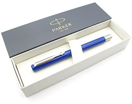 Parker Vector Premium Fountain Pen - Blue Barrel with Chrome Finish - Fine Nib - Gift Boxed