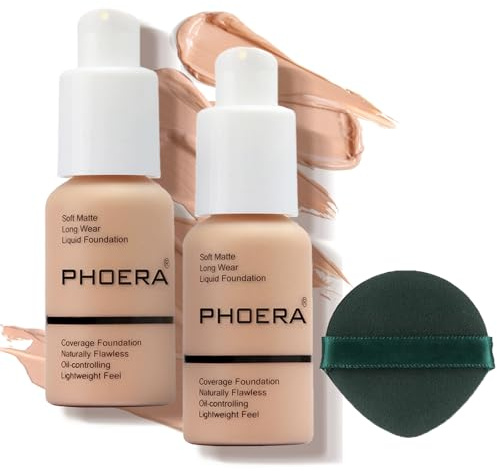 PHOERA Foundation 2er Set,Matte Flüssig Foundation mit voller Deckkraft,24H langanhaltend Make-up,wasserfest,ideal für reife Haut,deckt Hautunreinheiten,Rötungen,für Alltag,Party (2 Stück 103)