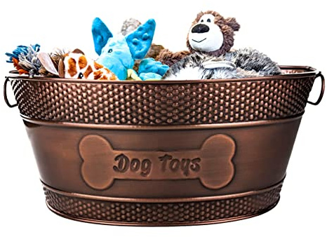 BREKX Indestructible Metal Dog Toy Bin - Copper Galvanized Storage Bin with Handles, Pet Storage Organizer - Ropes, Blankets, & Leashes, Bone Design Pet Toy Box (15-Quart)