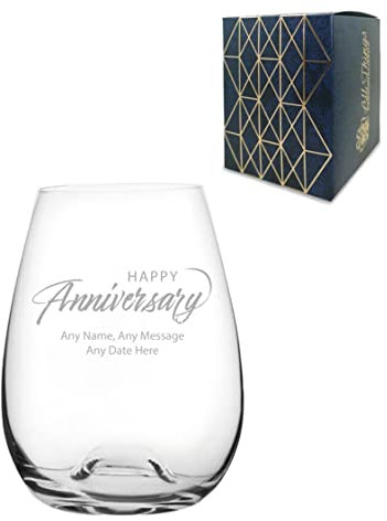 Bicchiere da vino senza stelo con incisione personalizzabile, con scritta Happy Anniversary e scritta in inglese Any Message, colore: Bordeaux, colore: Bordeaux