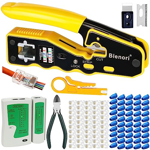 RJ45 Pass Through Crimp Tool - Blenori RJ45 Crimp Tool Kit with Network Cable Tester, RJ45 Crimping Tool for CAT6 Cat5e Cat5 Connectors