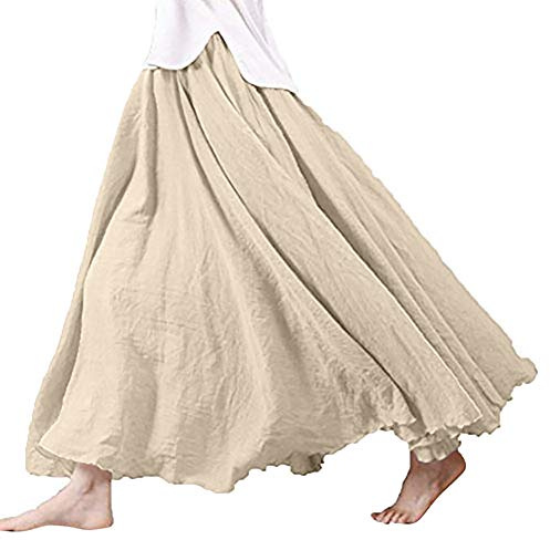 Linnekjol lång medeltida – veckad kjol dam lång sommarkjol bomull lång RöCke vintage tallrikskjol elegant maxikjol enfärgad hög midja veckad kjol – strandkjol sommar swingkjol, kaki, S