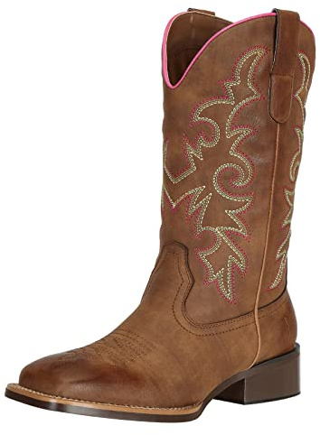 J's.o.l.e Fashion Cowboy Boots for Women Square Toe Wide Mid Calf Western Cowgirl Boots Brown US Size 8
