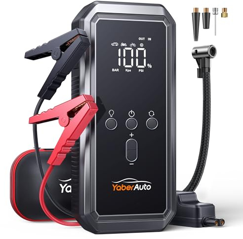 YaberAuto 9-in-1 Jump Starter with Air Compressor 5500A 150PSI Portable Car Battery Jump Starter (All Gas/10L Diesel), 12V Jump Box Car Battery Jumper Starter Portable with Jumper Cables, 160W DC Out