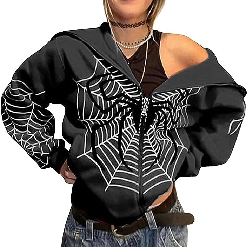 Överdimensionerad Luvtröja Dam med Dragkedja Stort Spindelnät Tryckmönster Y2K Hoodie Gotisk Punkjacka Tröja