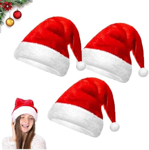 AOMAIGAD 3 Pièces Bonnet de Noel,Rouge Noël Chapeau, Noël Peluche Chapeau, Bonnet Père Noël Chapeau de Noël Rouge Bonnet Noël Adulte,Noël Chapeau pour Décoration de Noël,Fête de Noël (3PCS)
