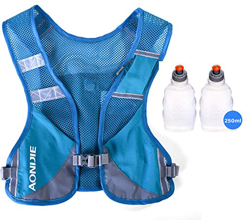 AONIJIE Reflective Running Vest Marathon Running Vest Pack Breathable for Hiking Camping Cycling Race (Blue with 2 * 250ml Bottle)