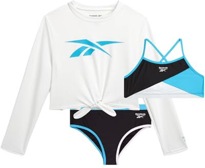 Reebok Mädchen Rashguard Set 3 Stück UPF 50+ Langarm Schwimmshirt mit Bikini Badeanzug Bademode Set für Mädchen (4-16), Farbe: Schwarz, 10