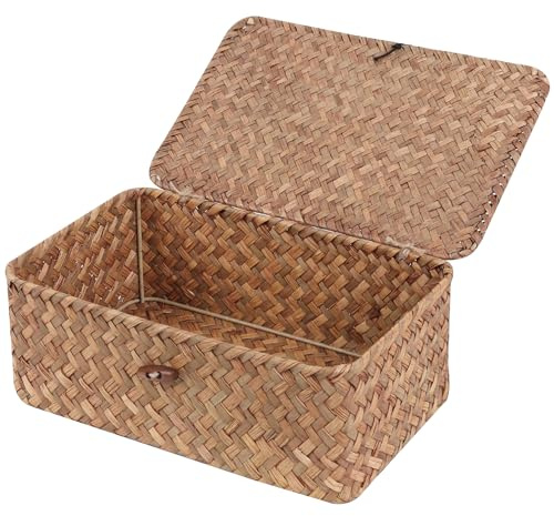 FEIALNDUO Wicker Shelf Baskets with Lid,Seagrass Storage Basket Bins Rectangular Handwoven Basket Boxes for Shelves Desktop Home Organizer (Coffee, Small)