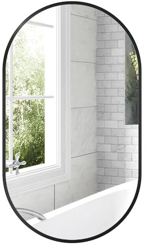 HOMCOM Specchio Bagno Ovale 40x70cm in Vetro Temperato, Specchio da Parete Moderno con Cornice in Lega di Alluminio, Montaggio Verticale/Orizzontale, per Camera da Letto, Ingresso, Soggiorno, Nero