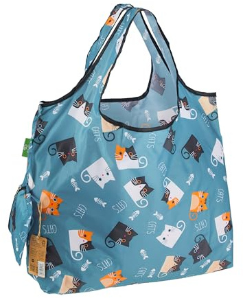 ECO CHIC Foldable Reusable Large Recycled Grocery Bags Lightweight Shopping Tote Bags with Storage Pouch (Cartoon Cat)