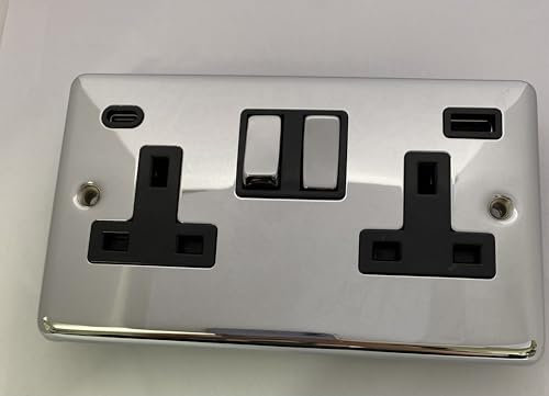 POLISHED SHINING CHROME CLASSIC USB (WITH TYPE C FASTCHARGE PORT) DP SOCKET 2 GANG WITH BLACK INSERT METAL ROCKER SWITCH