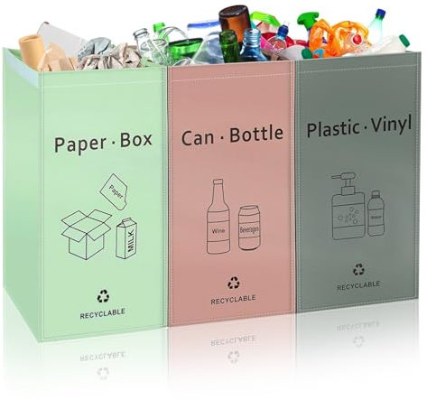 Reusable Recycling Bags 54L Recycling Bins with Handle Indoor Outdoor Separate Sorting Organizer Waterproof Woven Waste Recycle Bin Bags for Kitchen Home Office, Set of 3