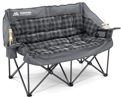 Double Camping Chair Padded 2 Person Camping Chair Camping Loveseat - Heavy Duty Oversized Camping Couch for Adults Outdoor Lawn Beach - Portable Folding Sofa with Cup Holders and Carry Bag, Grey
